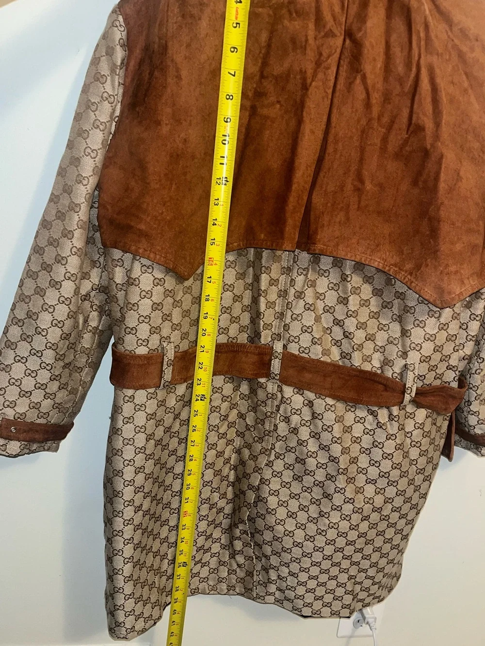 Gucci Brown Monogram Canvas Trench Coat with Suede Trim